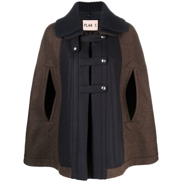 PLAN C Roll-neck Wool Cape Jacket In Brown Size 36 or US Size 0 - Picture 1 of 14